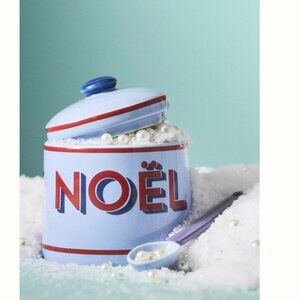 NWT Anthropologie Apres Ski Noel Sugar Pot with Lid and Spoon Blue Noel Letters